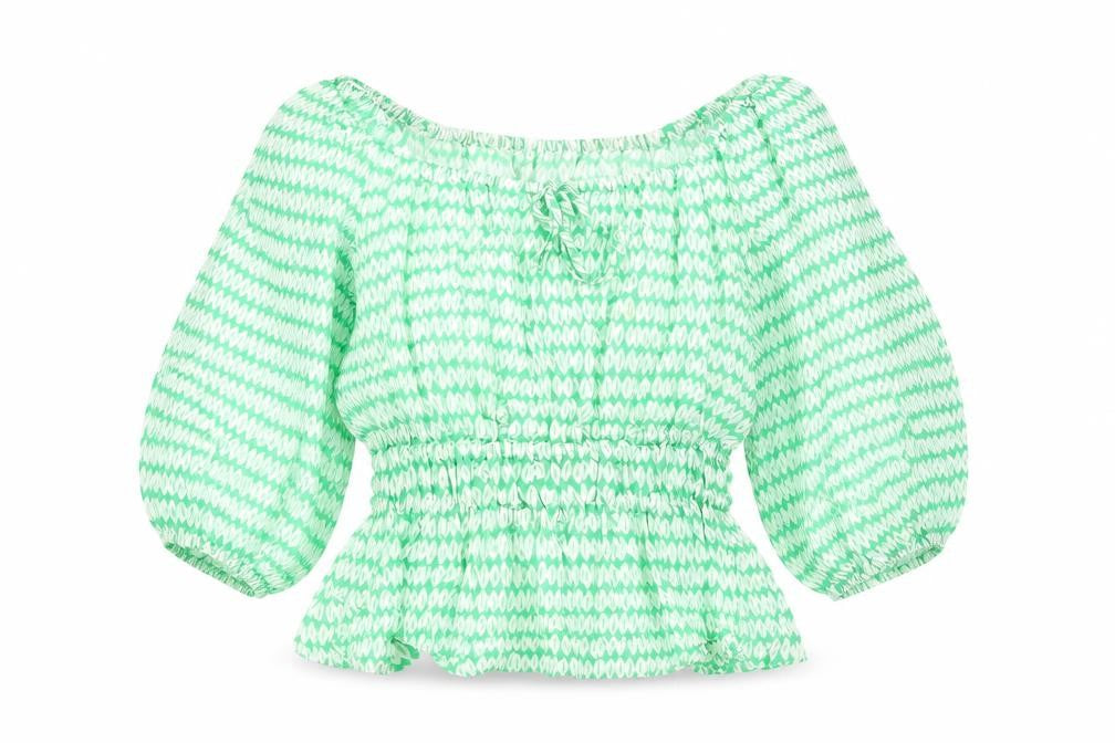 Front view of Marks & Spencer women’s green geometric viscose basic blouse, size UK 10, v-neck