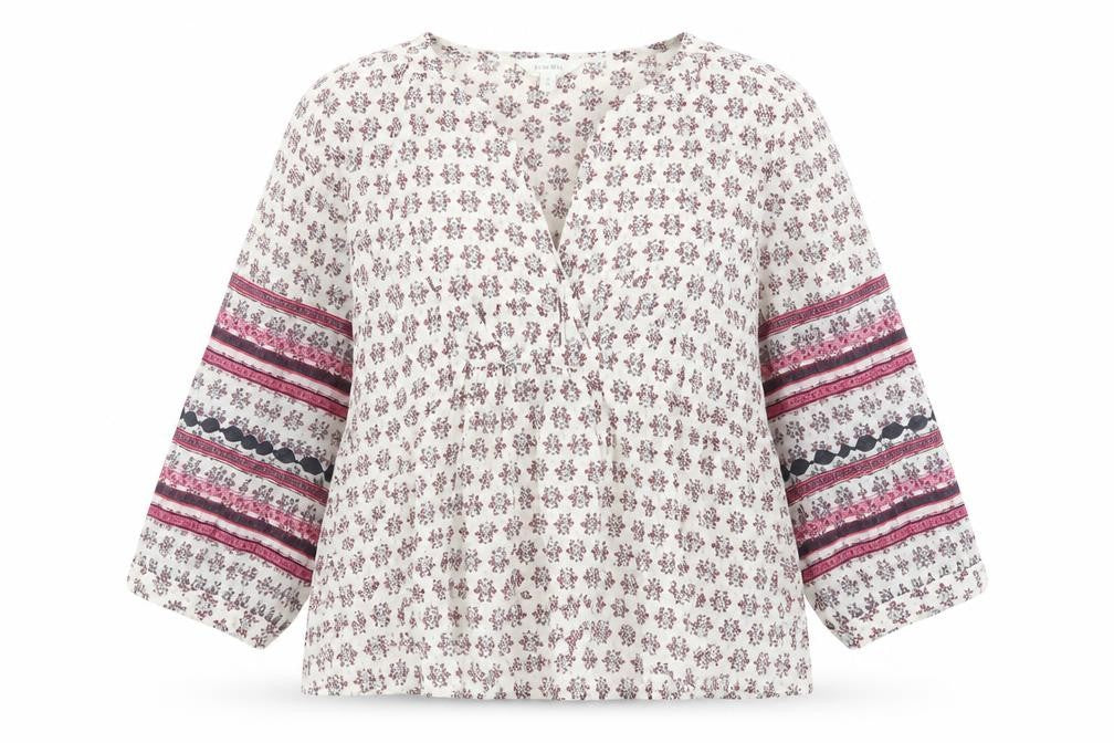 Front view of Per Una women’s multicoloured geometric 100% cotton basic blouse, size S, v-neck