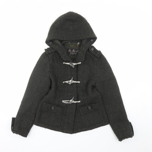 Barbour Womens Green Herringbone Jacket Size 8 Toggle - Duffle Hooded Pockets