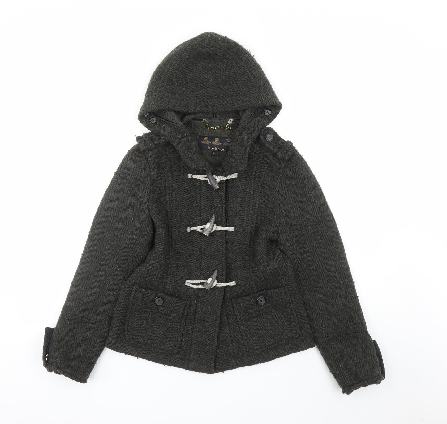 Barbour Womens Green Herringbone Jacket Size 8 Toggle - Duffle Hooded Pockets
