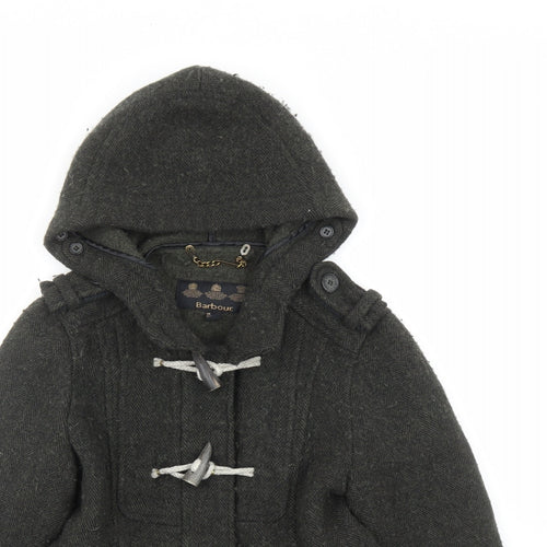 Barbour Womens Green Herringbone Jacket Size 8 Toggle - Duffle Hooded Pockets