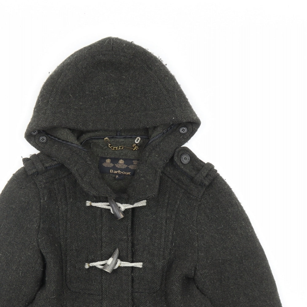 Barbour Womens Green Herringbone Jacket Size 8 Toggle - Duffle Hooded Pockets