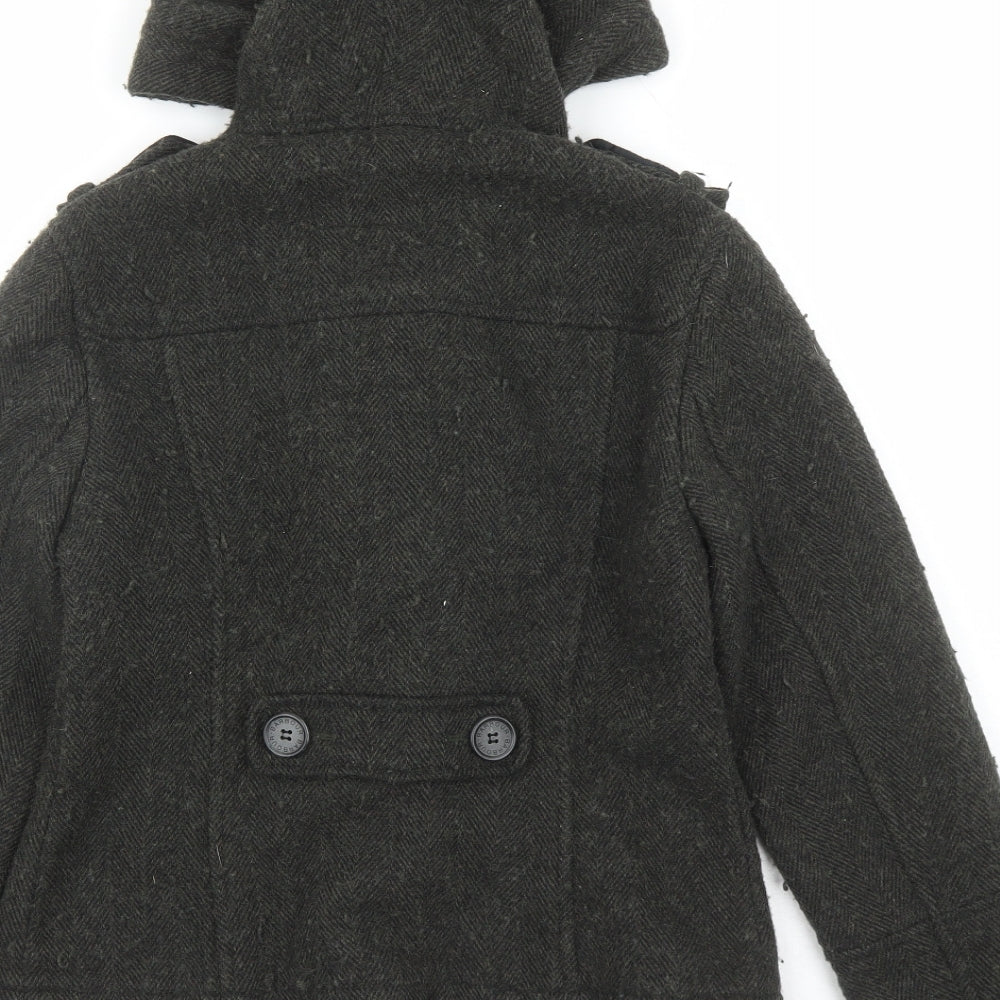 Barbour Womens Green Herringbone Jacket Size 8 Toggle - Duffle Hooded Pockets