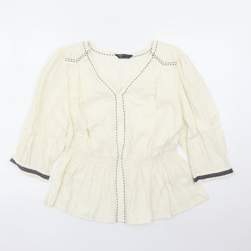 Marks and Spencer Womens Ivory 100% Cotton Basic Blouse Size 16 V-Neck - Embroidered Detail Elasticated Waist