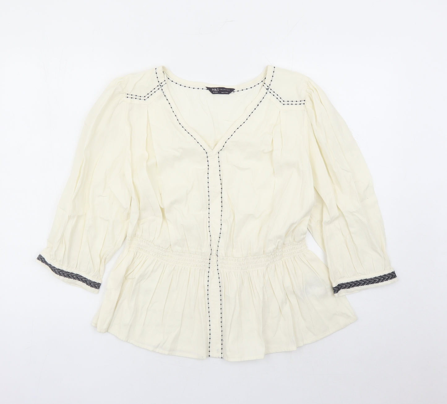 Marks and Spencer Womens Ivory 100% Cotton Basic Blouse Size 16 V-Neck - Embroidered Detail Elasticated Waist
