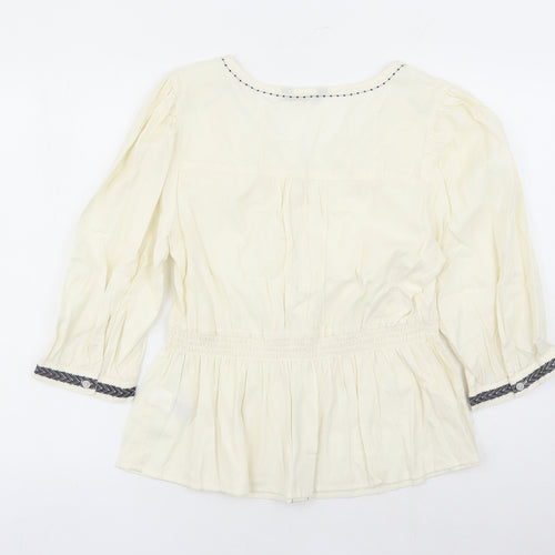 Marks and Spencer Womens Ivory 100% Cotton Basic Blouse Size 16 V-Neck - Embroidered Detail Elasticated Waist