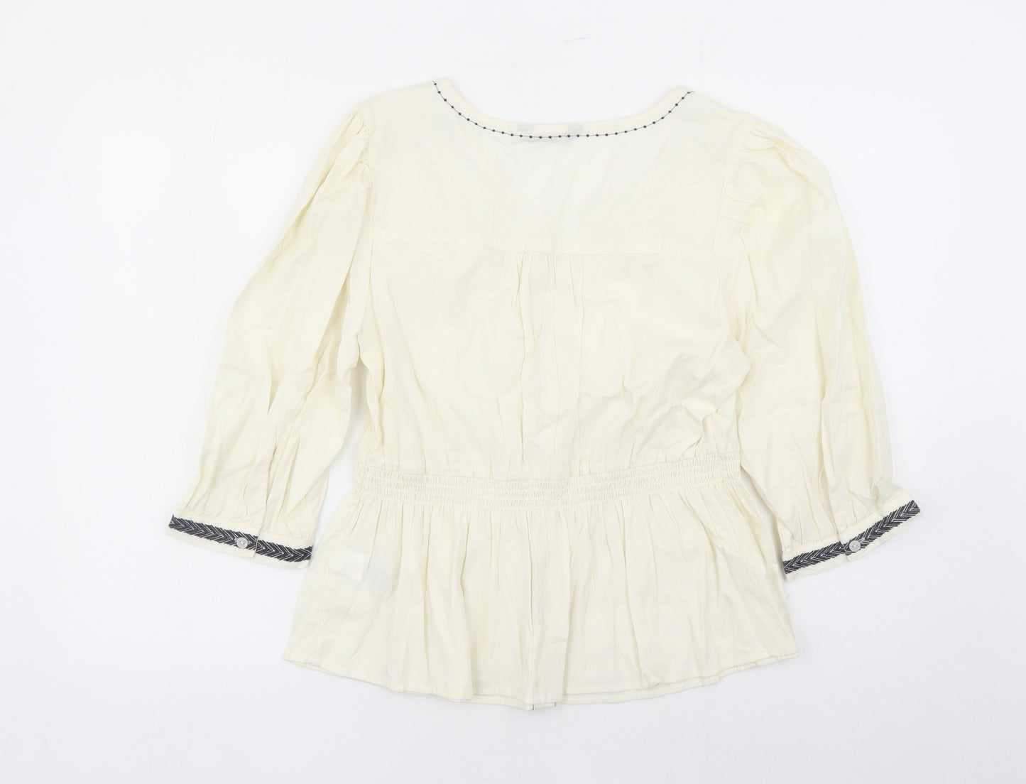 Marks and Spencer Womens Ivory 100% Cotton Basic Blouse Size 16 V-Neck - Embroidered Detail Elasticated Waist