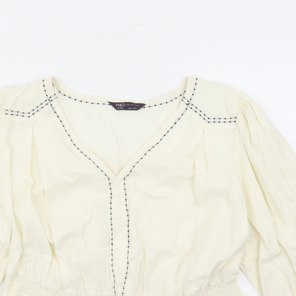 Marks and Spencer Womens Ivory 100% Cotton Basic Blouse Size 16 V-Neck - Embroidered Detail Elasticated Waist