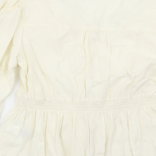 Marks and Spencer Womens Ivory 100% Cotton Basic Blouse Size 16 V-Neck - Embroidered Detail Elasticated Waist