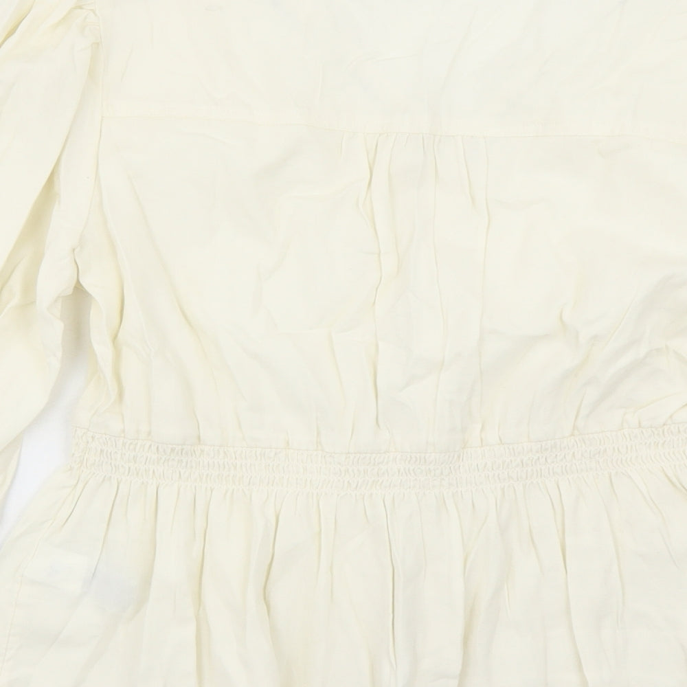 Marks and Spencer Womens Ivory 100% Cotton Basic Blouse Size 16 V-Neck - Embroidered Detail Elasticated Waist