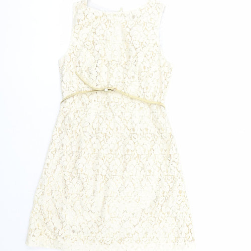 Warehouse Womens Ivory Geometric Cotton A-Line Size 10 Round Neck Zip - Belted Gold Lining