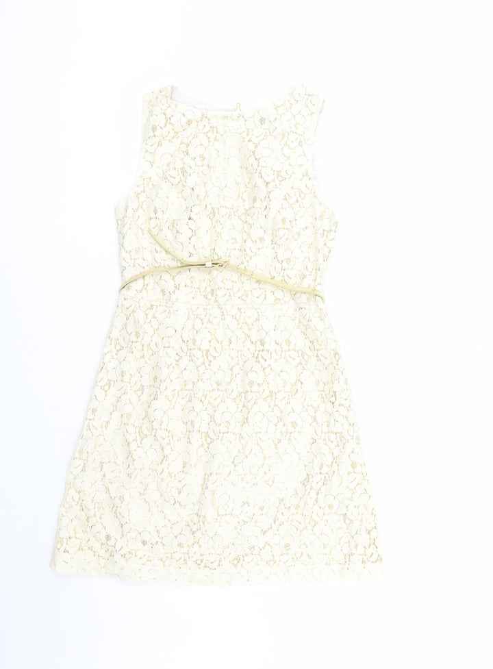 Warehouse Womens Ivory Geometric Cotton A-Line Size 10 Round Neck Zip - Belted Gold Lining