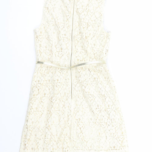 Warehouse Womens Ivory Geometric Cotton A-Line Size 10 Round Neck Zip - Belted Gold Lining