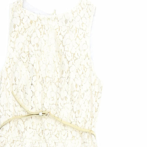 Warehouse Womens Ivory Geometric Cotton A-Line Size 10 Round Neck Zip - Belted Gold Lining
