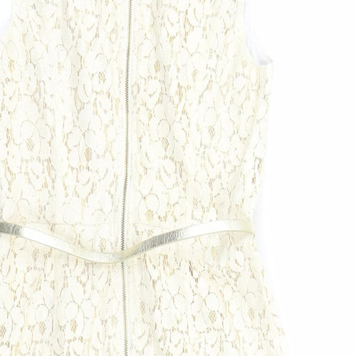 Warehouse Womens Ivory Geometric Cotton A-Line Size 10 Round Neck Zip - Belted Gold Lining
