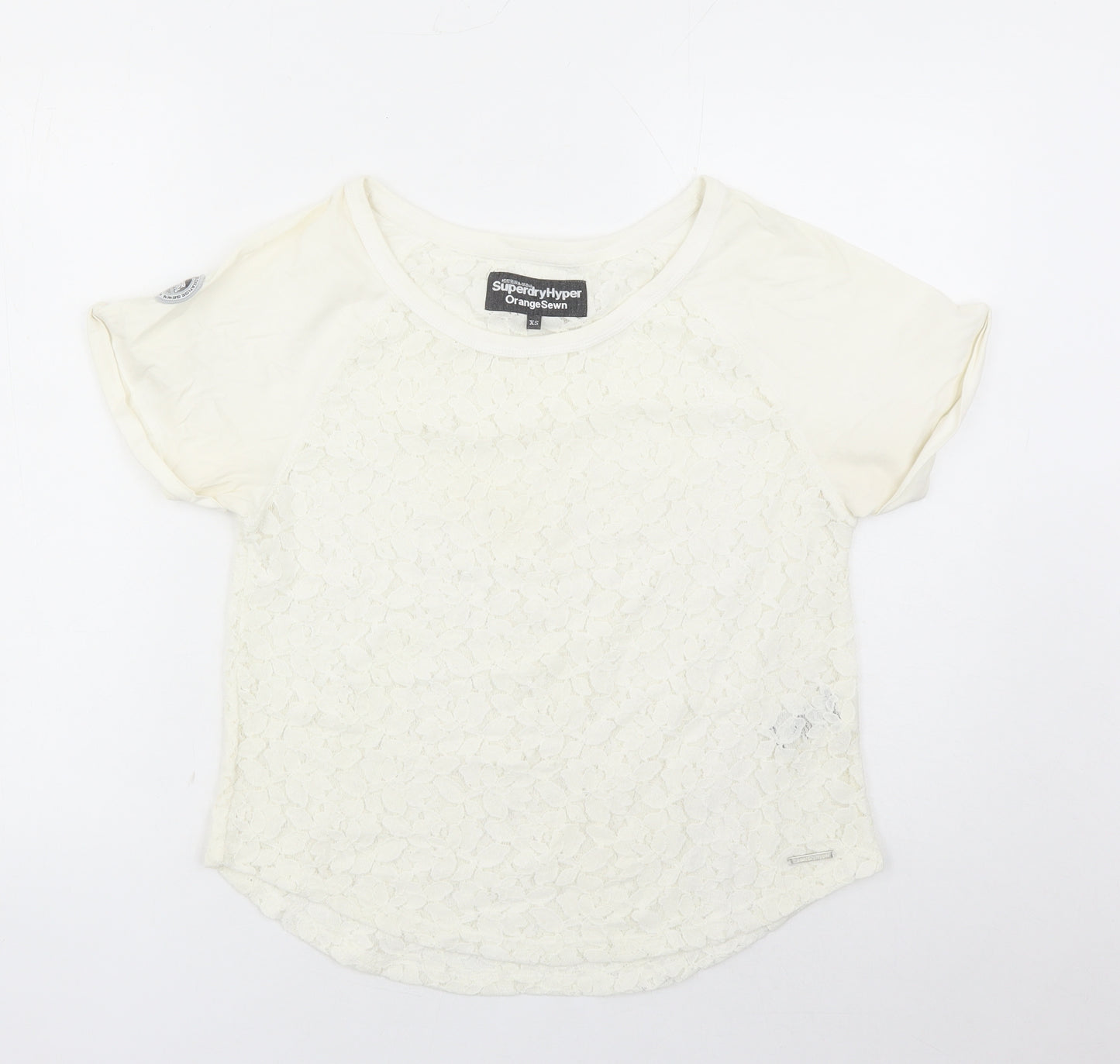 Superdry Womens Ivory Floral Cotton Basic T-Shirt Size XS Round Neck