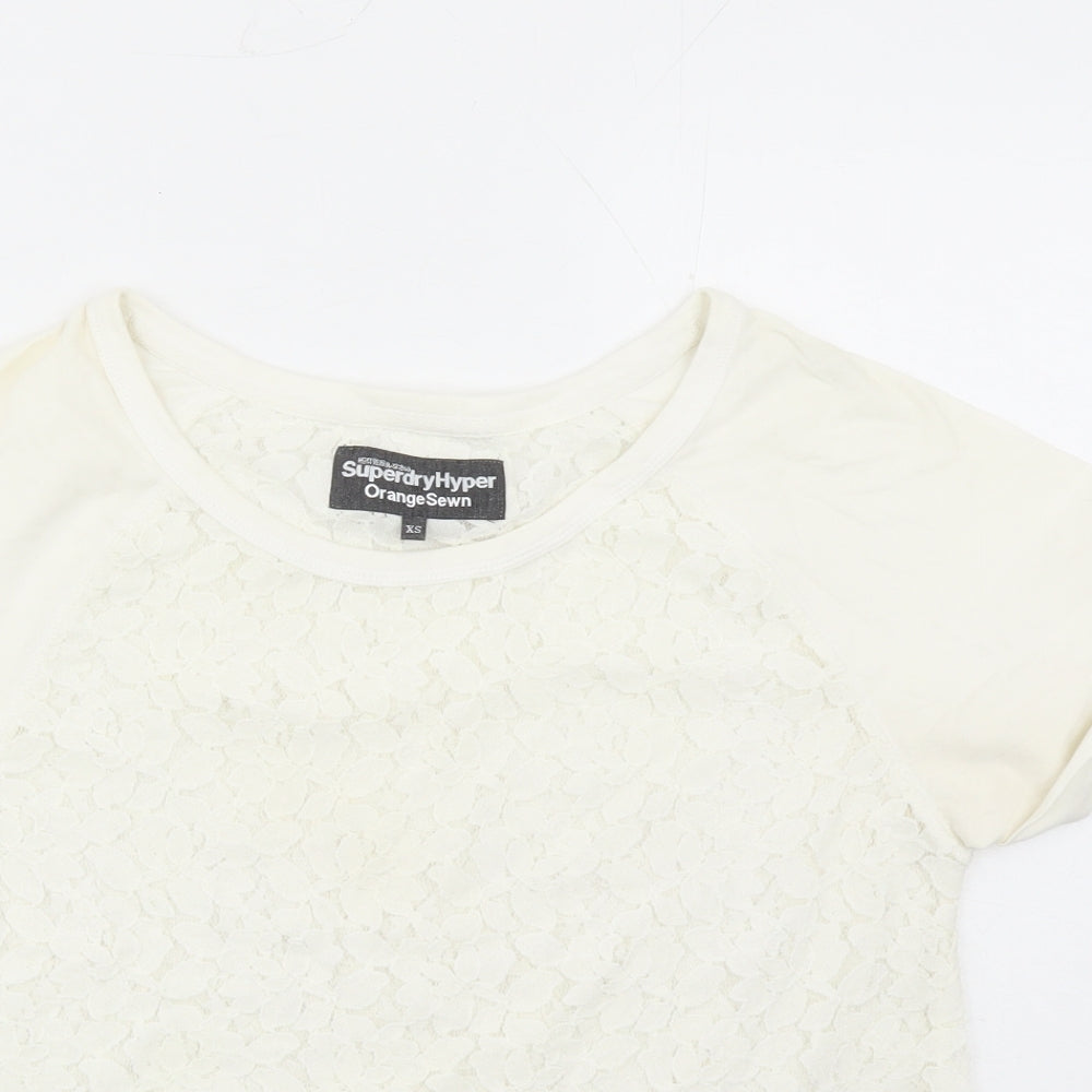 Superdry Womens Ivory Floral Cotton Basic T-Shirt Size XS Round Neck