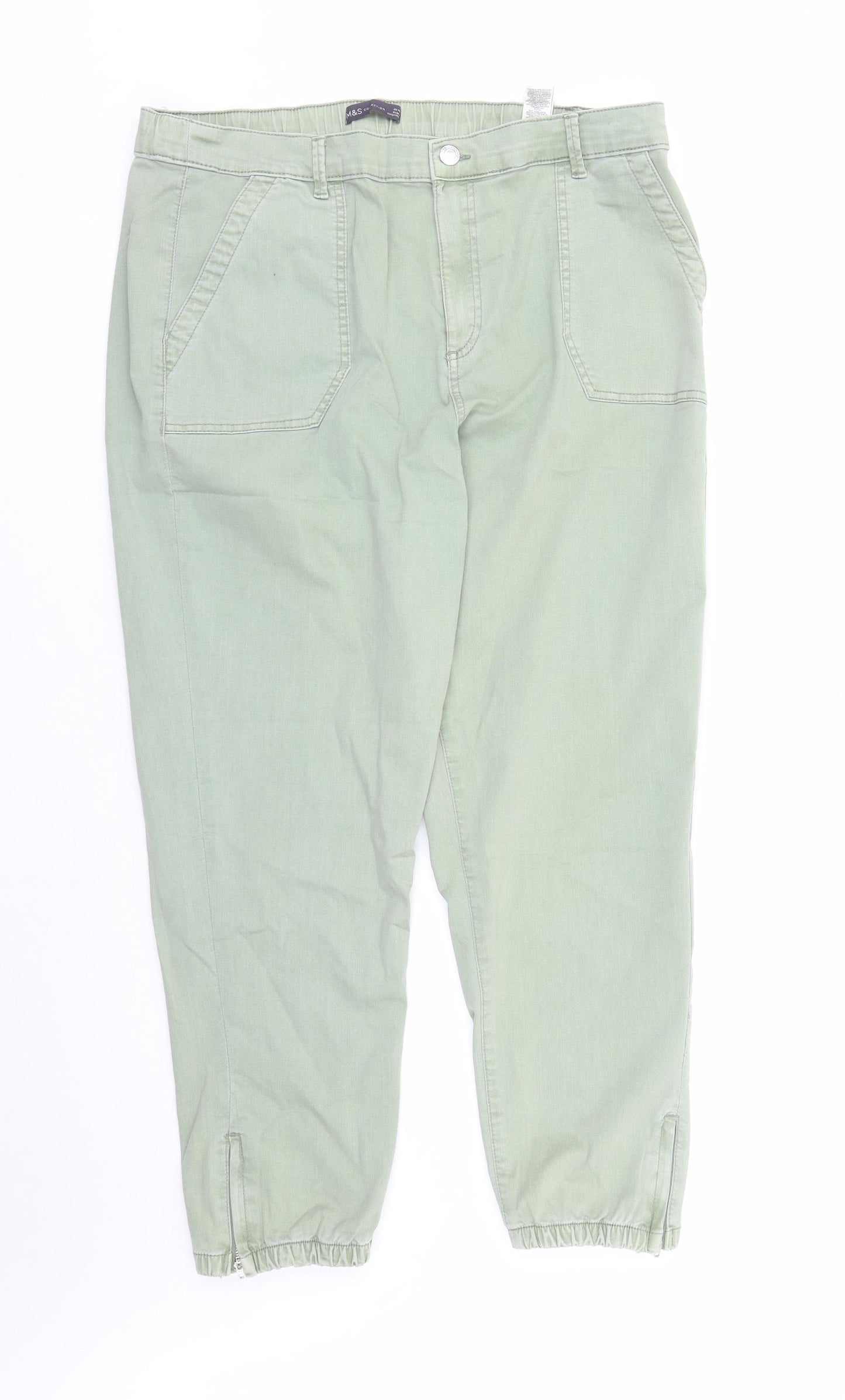 Marks and Spencer Womens Green Cotton Straight Jeans Size 20 L28 in Slim Zip - Elasticated Waist Pockets Zip Detail On Ankle