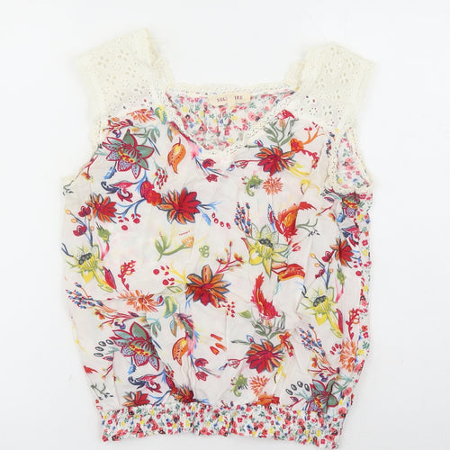 Solitaire Womens Multicoloured Floral Cotton Camisole Tank Size S Round Neck - Crochet Detail