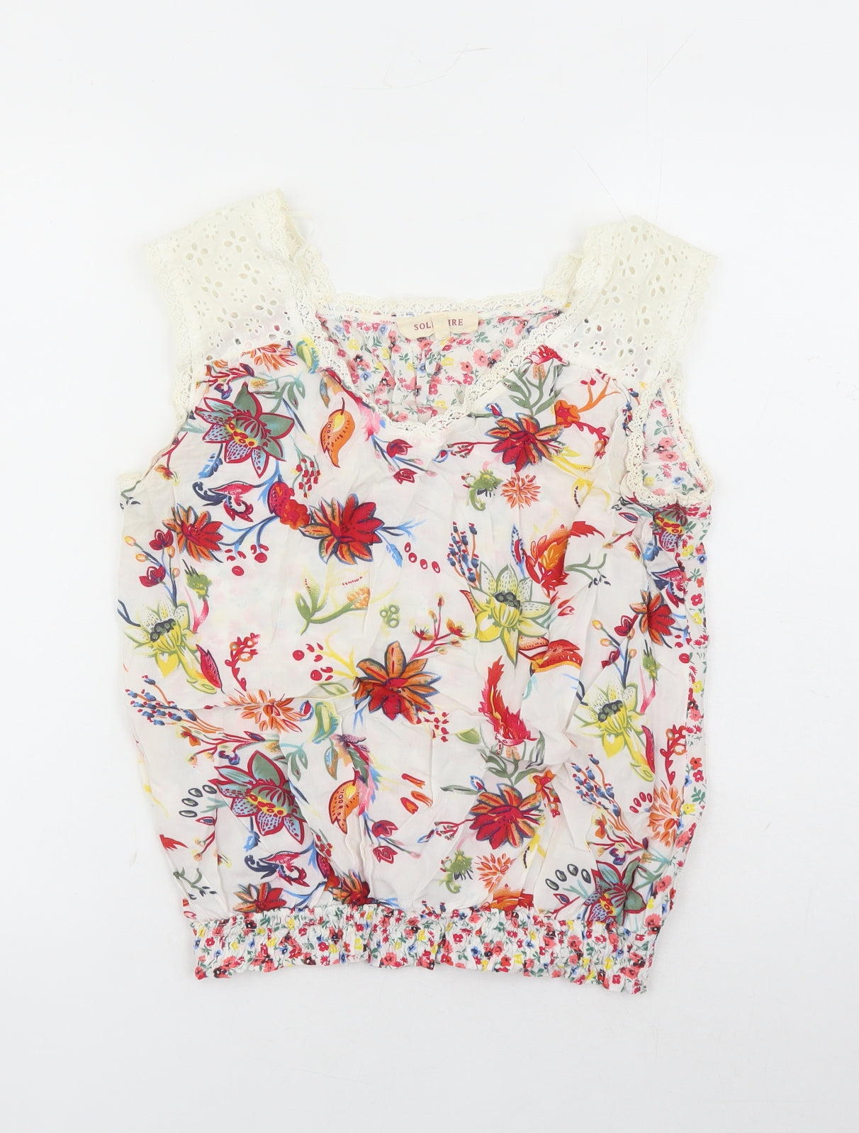 Solitaire Womens Multicoloured Floral Cotton Camisole Tank Size S Round Neck - Crochet Detail