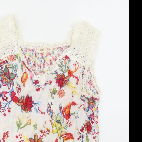 Solitaire Womens Multicoloured Floral Cotton Camisole Tank Size S Round Neck - Crochet Detail