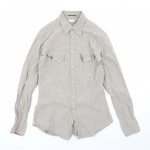 Paul Smith Mens Brown Striped Polyester Button-Up Size 15.5 Collared Snap
