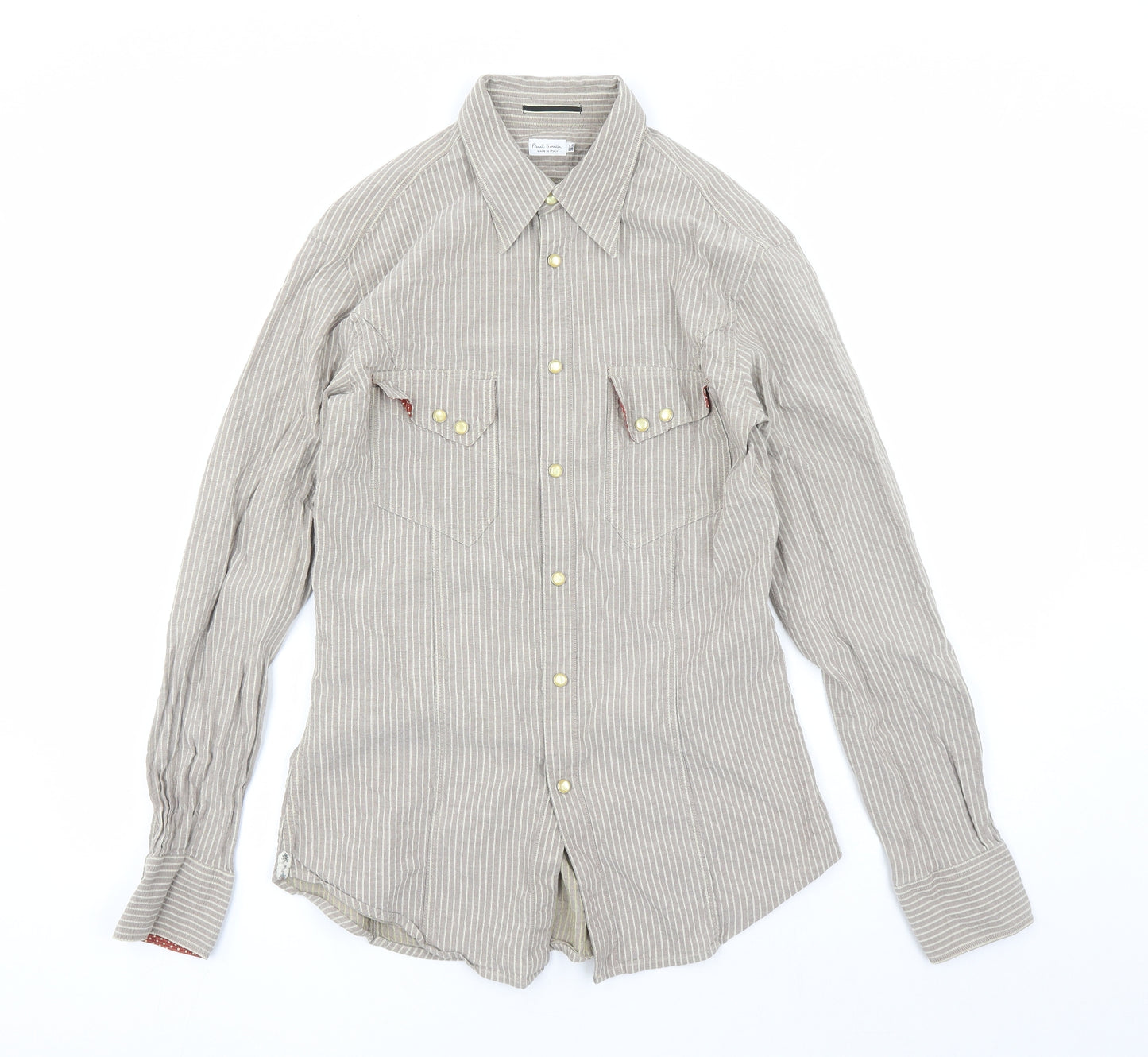 Paul Smith Mens Brown Striped Polyester Button-Up Size 15.5 Collared Snap