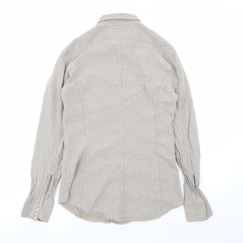 Paul Smith Mens Brown Striped Polyester Button-Up Size 15.5 Collared Snap