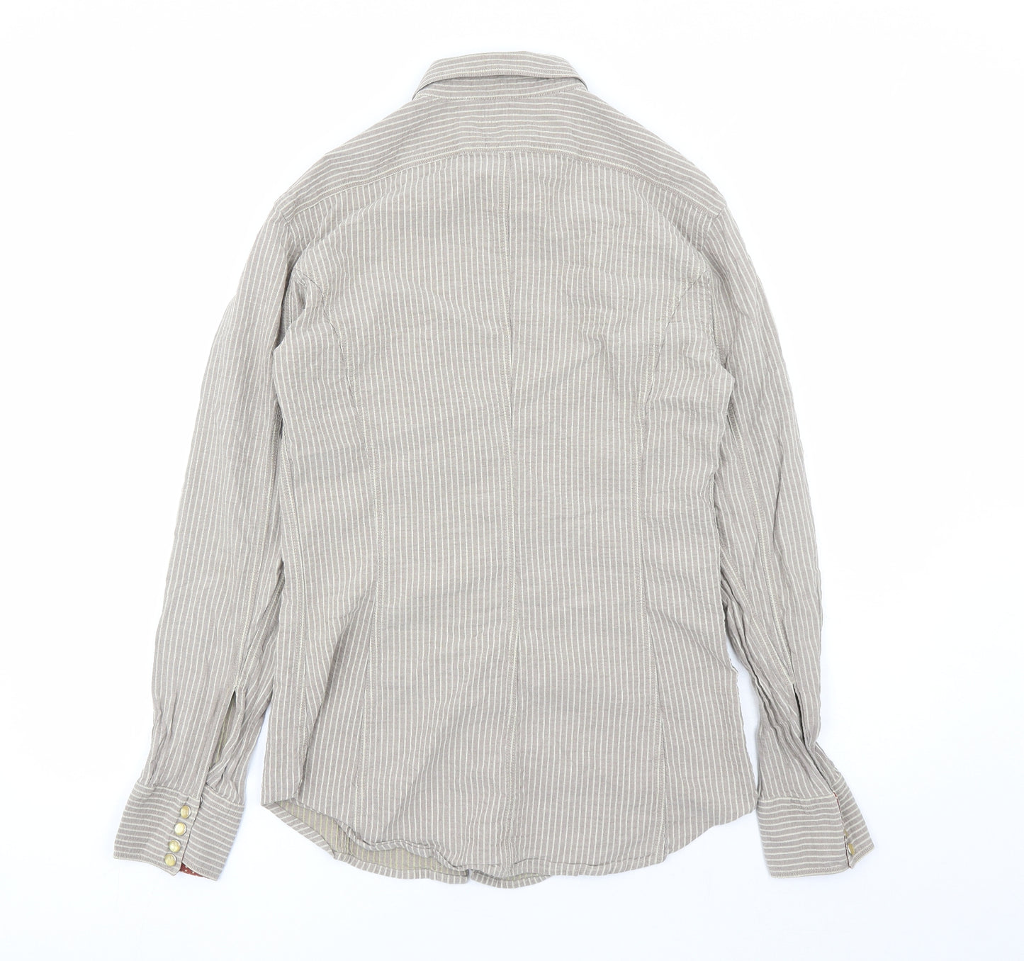 Paul Smith Mens Brown Striped Polyester Button-Up Size 15.5 Collared Snap
