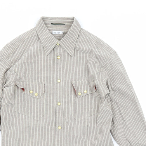 Paul Smith Mens Brown Striped Polyester Button-Up Size 15.5 Collared Snap