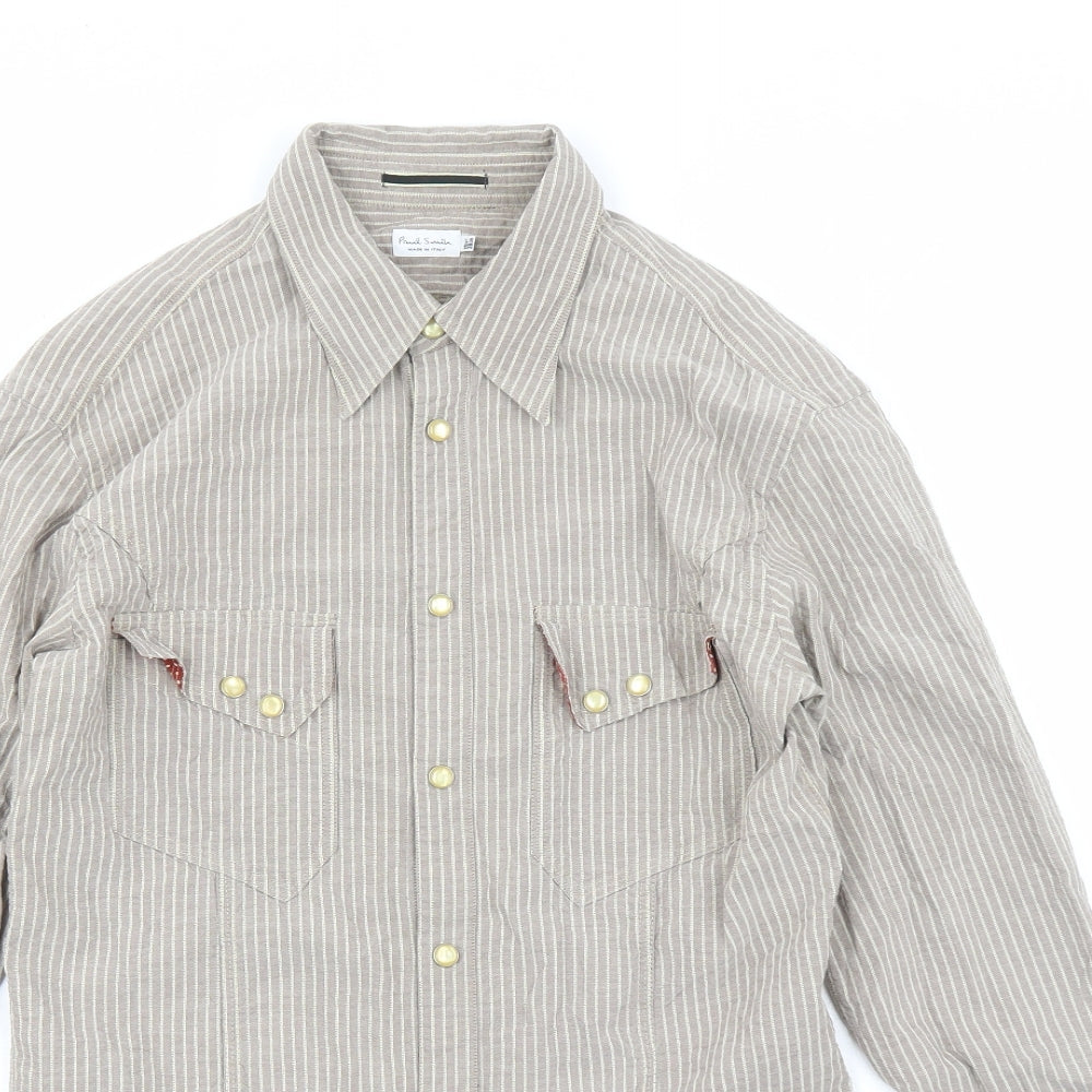 Paul Smith Mens Brown Striped Polyester Button-Up Size 15.5 Collared Snap