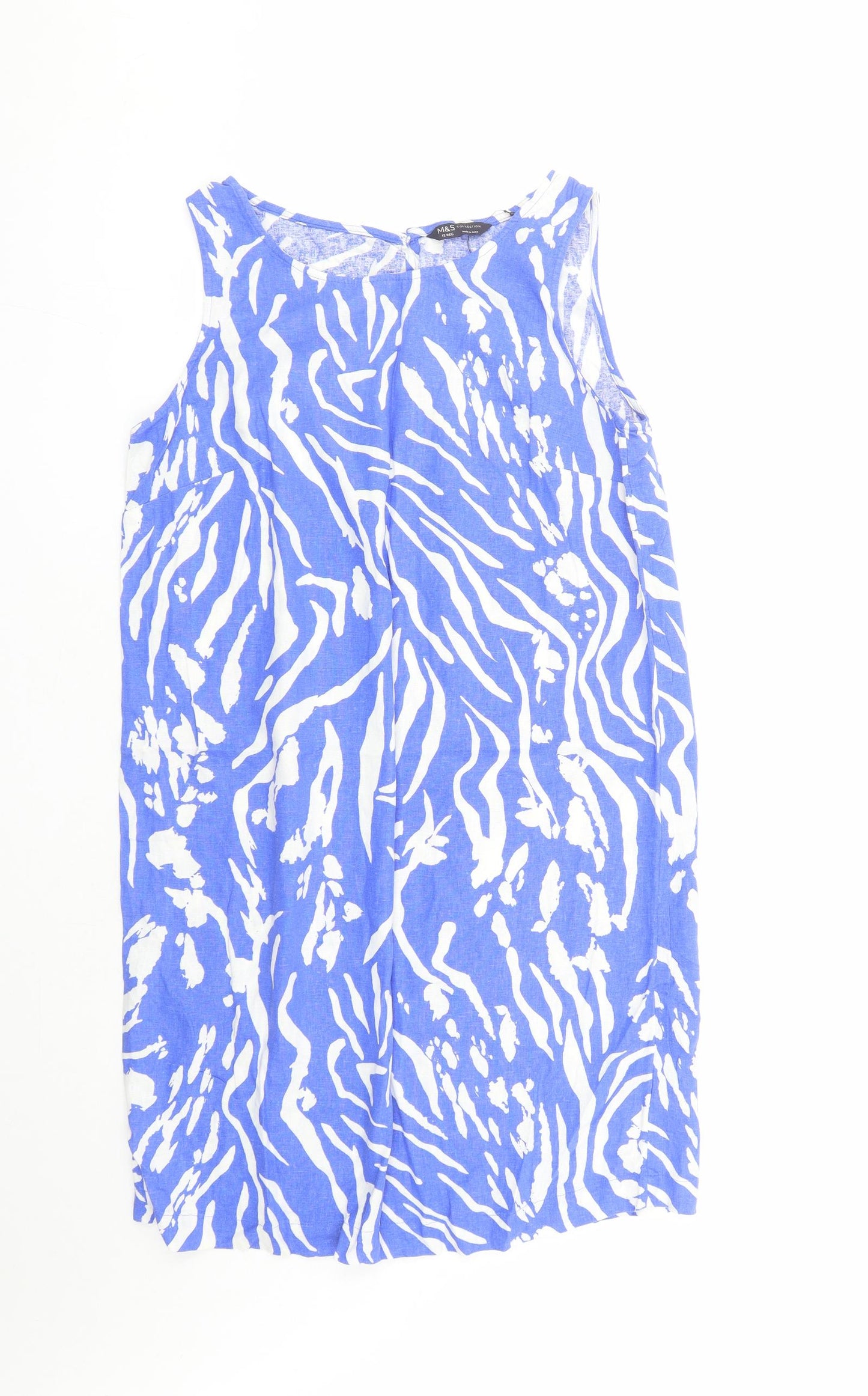 Marks and Spencer Womens Blue Geometric Flax A-Line Size 12 Boat Neck Button