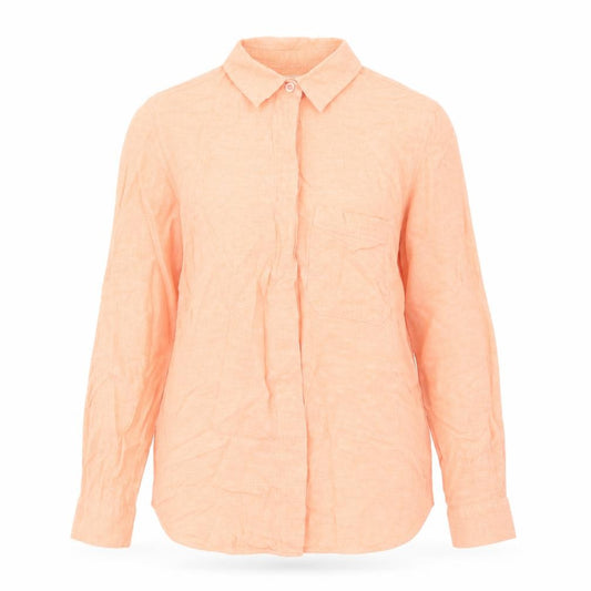 Front view of Warehouse women’s orange cotton basic button-up, size UK 8, collared