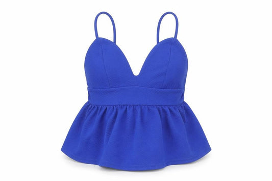 Front view of New Look women’s blue polyester cropped tank, size UK 8, v-neck