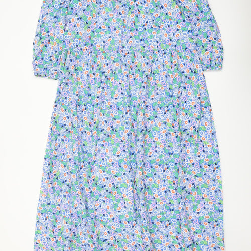 Marks and Spencer Womens Blue Floral Cotton A-Line Size 12 Round Neck Tie