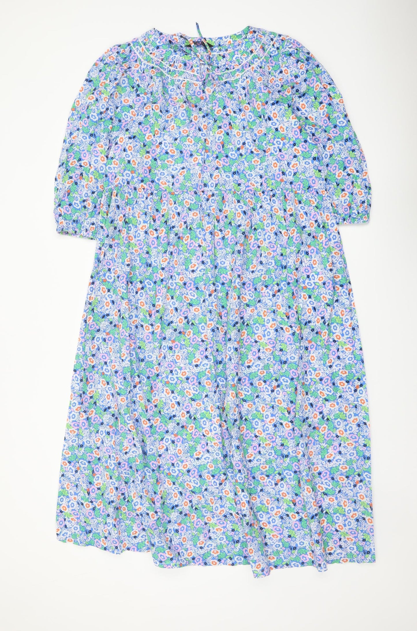 Marks and Spencer Womens Blue Floral Cotton A-Line Size 12 Round Neck Tie
