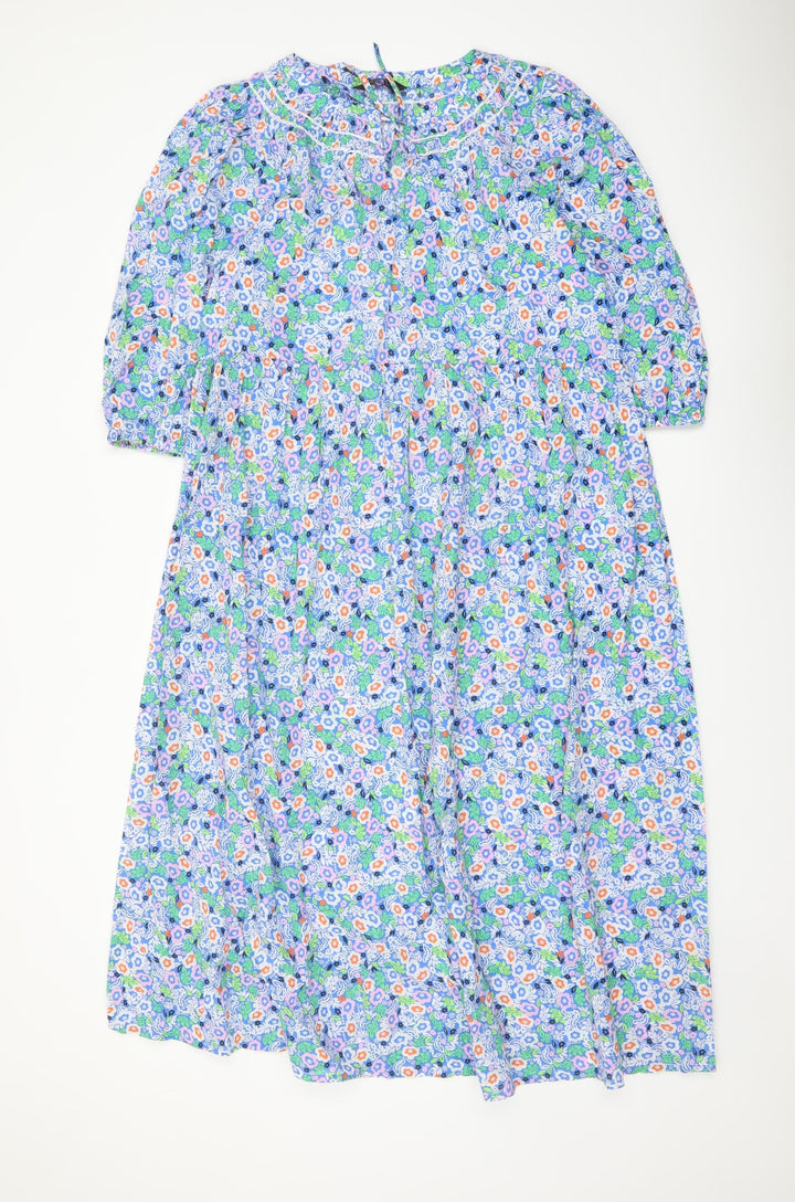Marks and Spencer Womens Blue Floral Cotton A-Line Size 12 Round Neck Tie