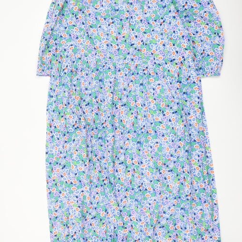 Marks and Spencer Womens Blue Floral Cotton A-Line Size 12 Round Neck Tie