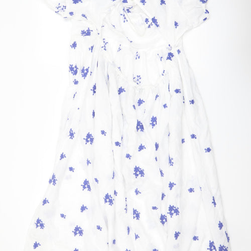 Marks and Spencer Womens White Floral Cotton A-Line Size 24 Round Neck Tie