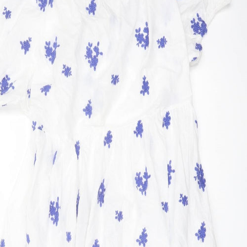 Marks and Spencer Womens White Floral Cotton A-Line Size 24 Round Neck Tie