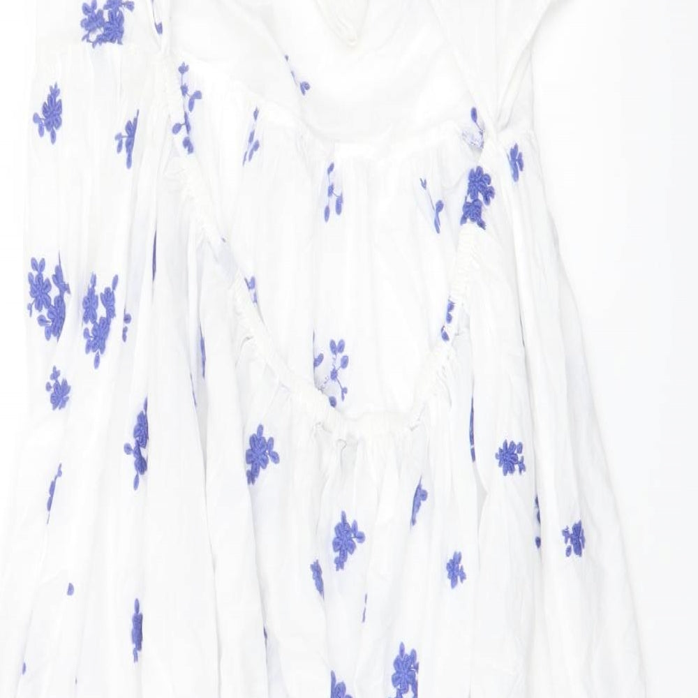 Marks and Spencer Womens White Floral Cotton A-Line Size 24 Round Neck Tie