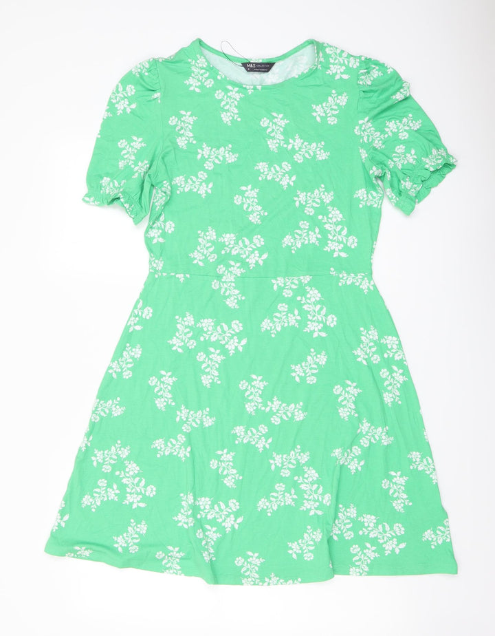 Marks and Spencer Womens Green Floral Viscose A-Line Size 10 Round Neck Pullover