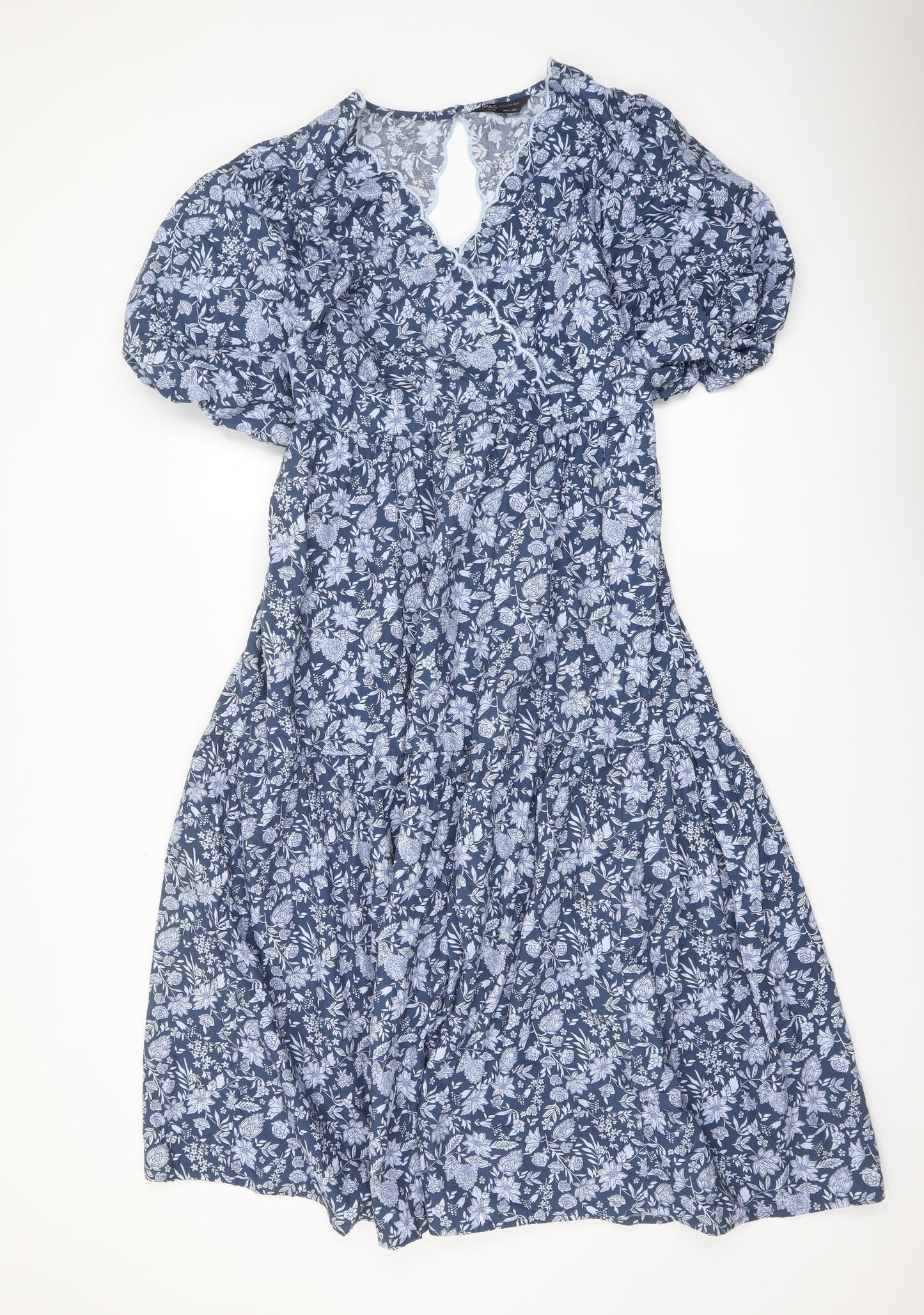 Marks and Spencer Womens Blue Floral Cotton A-Line Size 18 V-Neck Button