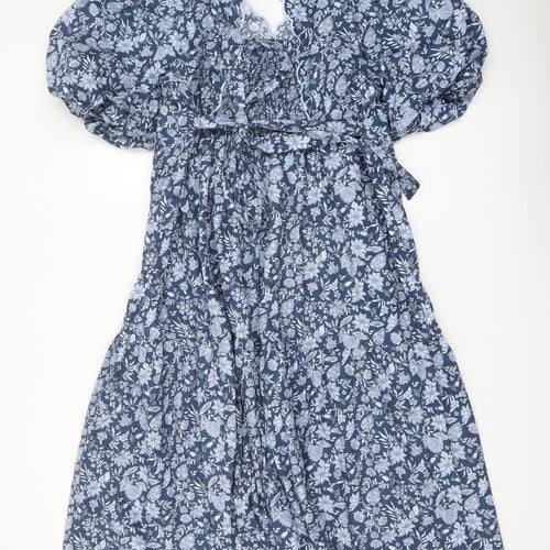 Marks and Spencer Womens Blue Floral Cotton A-Line Size 18 V-Neck Button