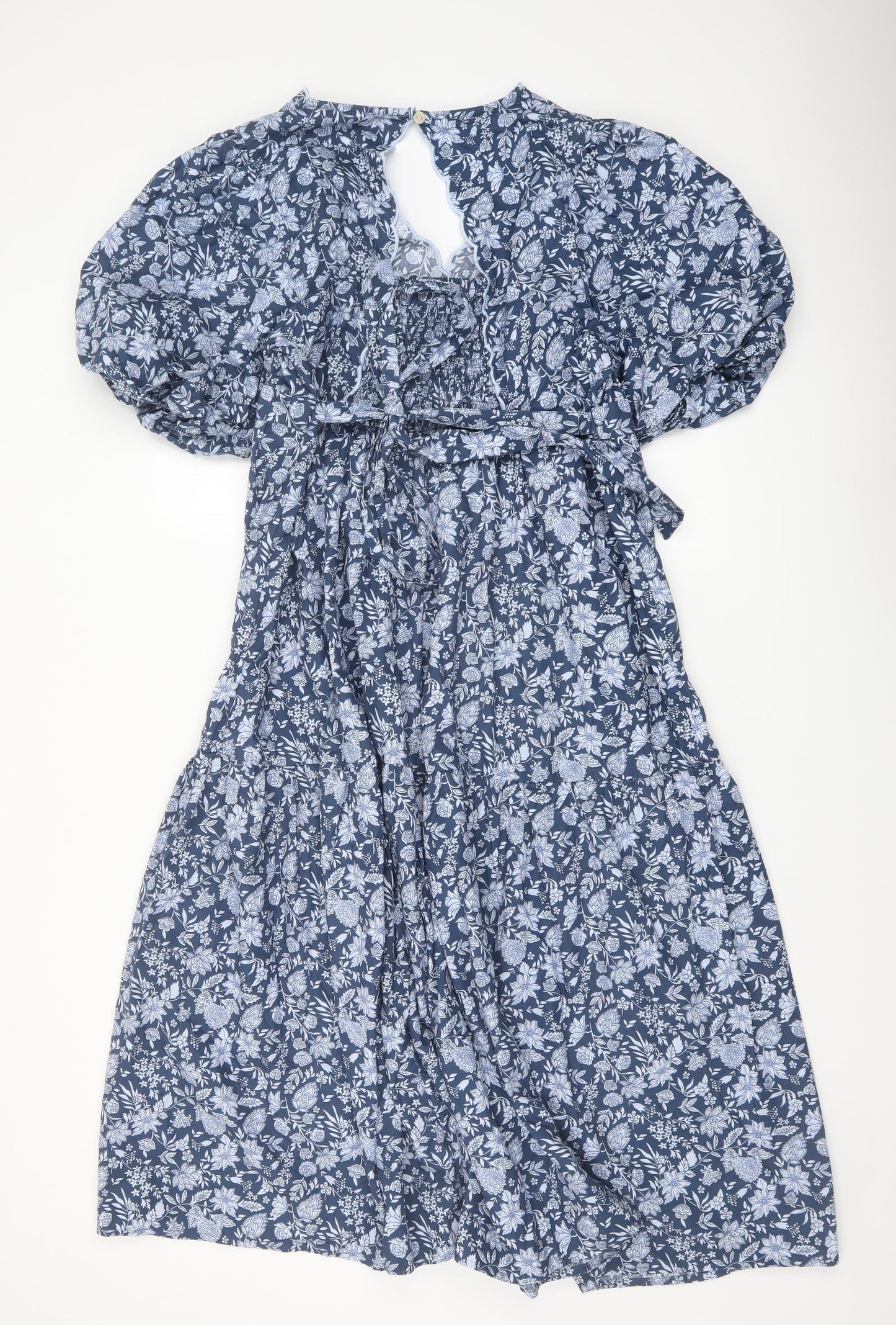 Marks and Spencer Womens Blue Floral Cotton A-Line Size 18 V-Neck Button