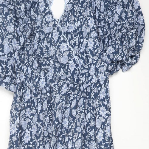 Marks and Spencer Womens Blue Floral Cotton A-Line Size 18 V-Neck Button