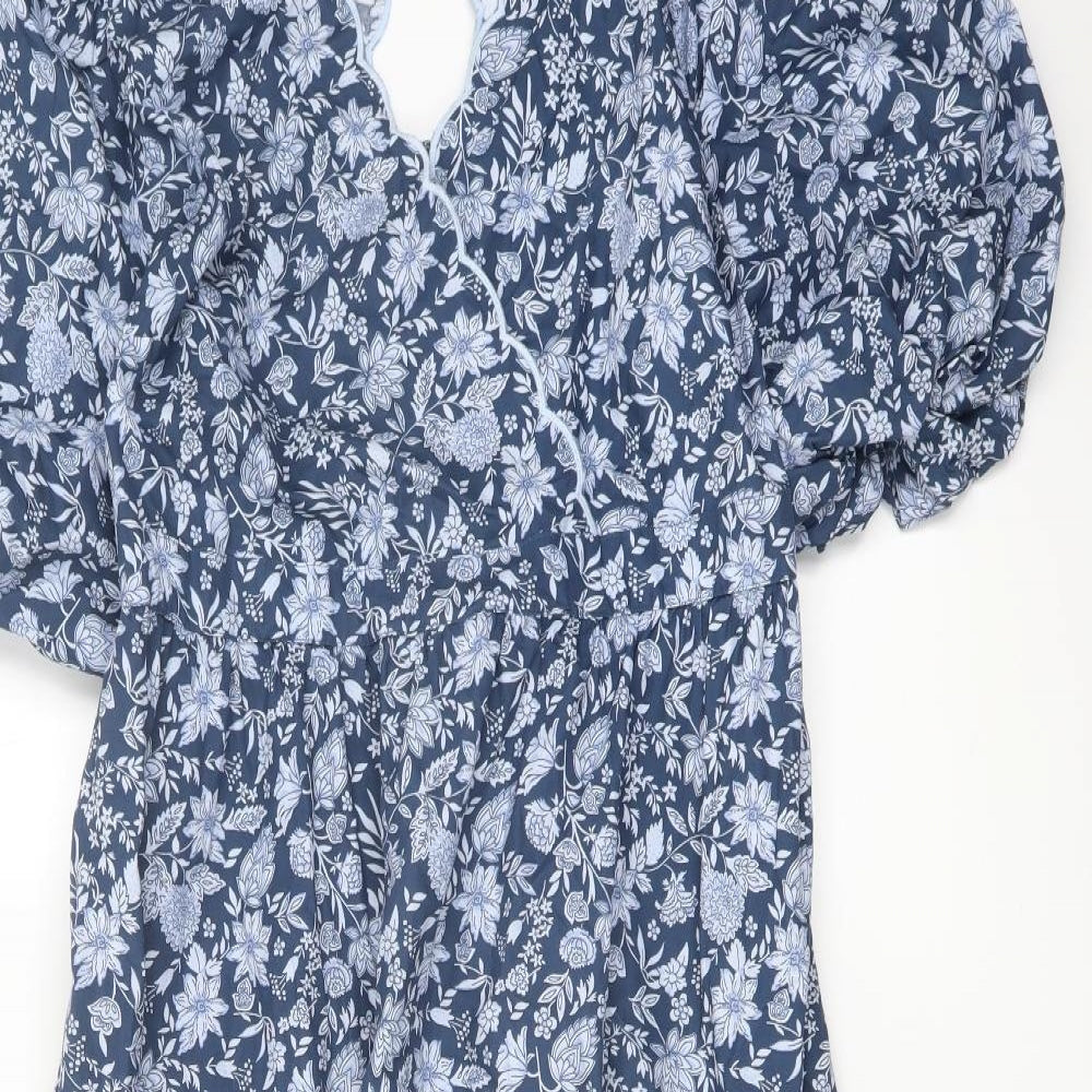 Marks and Spencer Womens Blue Floral Cotton A-Line Size 18 V-Neck Button