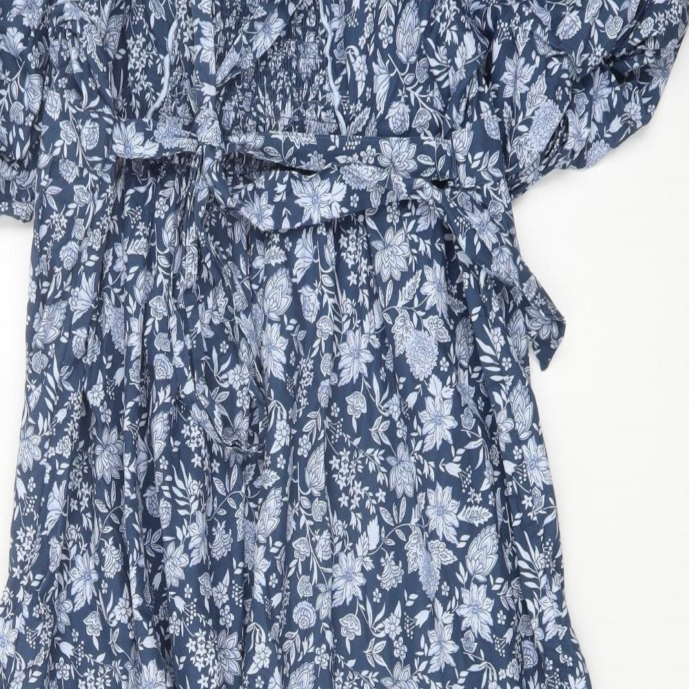 Marks and Spencer Womens Blue Floral Cotton A-Line Size 18 V-Neck Button