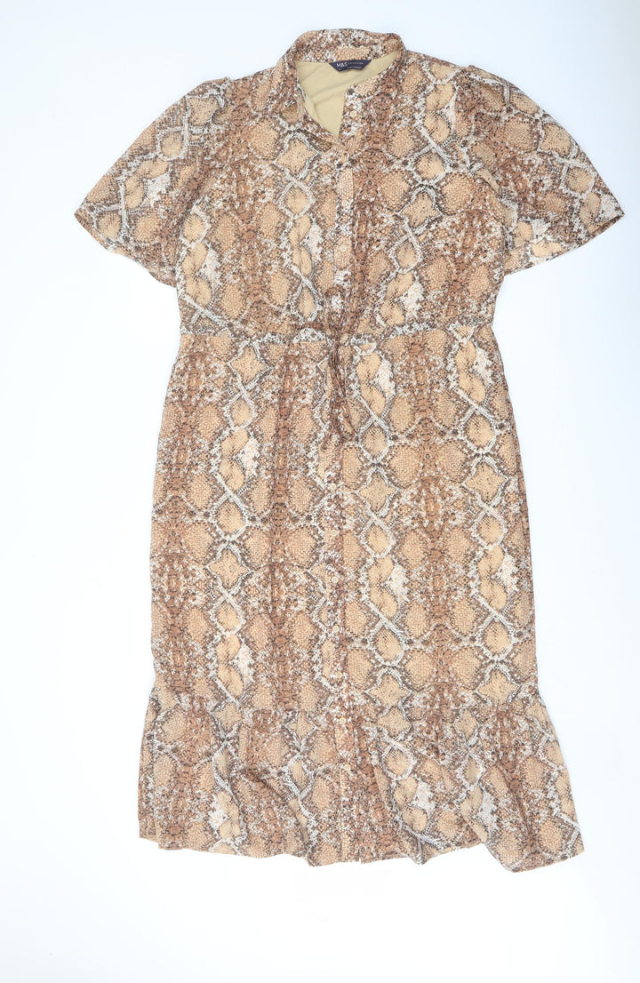 Marks and Spencer Womens Beige Animal Print Polyester Shirt Dress Size 10 Collared Button