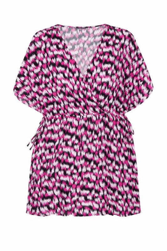 Front view of Marks & Spencer women’s pink geometric viscose a-line, size UK 24, v-neck pullover